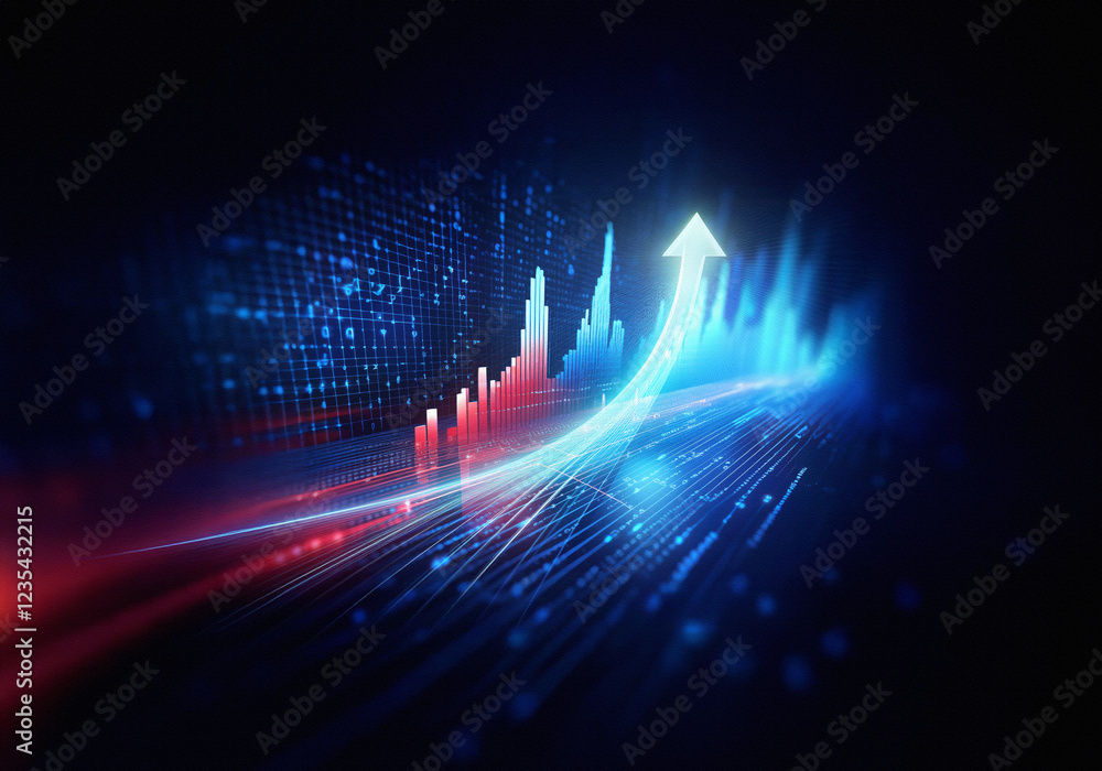 Leinwandbilder an upward-trending arrow, glowing brightly, symbolizes growth amidst a dynamic digital backdrop. red
