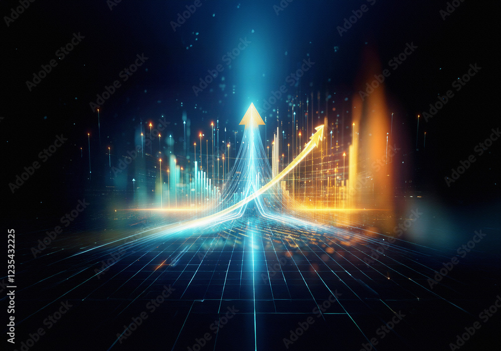 Poster abstract digital illustration of a yellow arrow pointing upward against a background of blue and ora