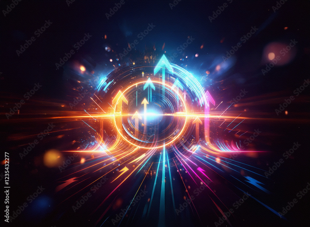 Poster glowing arrows and a vibrant ring converge in a dynamic, futuristic energy burst. the artwork featur
