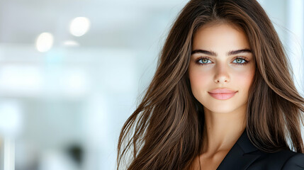 Fototapeta premium Beautiful young businesswoman with long brown hair smiling confidently in a bright modern office setting.