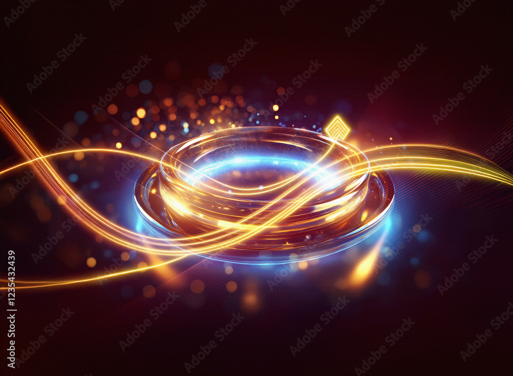 Poster glowing metallic rings with vibrant light trails and bokeh effects create a futuristic, dynamic scen