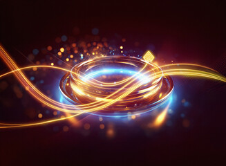 Glowing metallic rings with vibrant light trails and bokeh effects create a futuristic, dynamic scene.  The image evokes energy and movement.