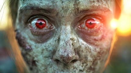 Zombie woman close-up, sunset background, horror film