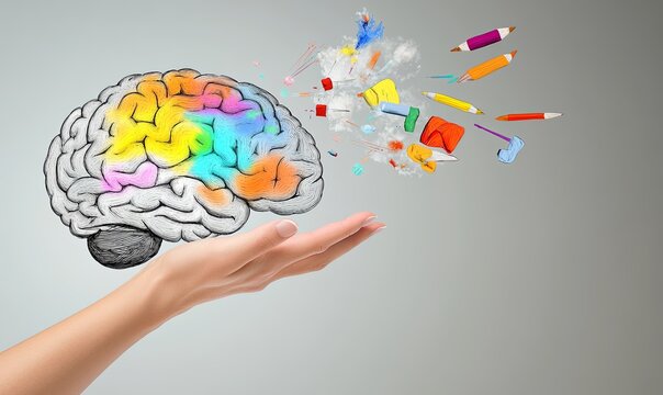 Hand holding colorful brain with exploding art supplies, symbolizing creativity and ideas