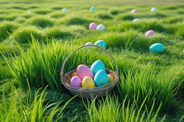 Fototapeta premium Colorful Easter Eggs in a Lush Green Grass Meadow Under a Sunny Sky