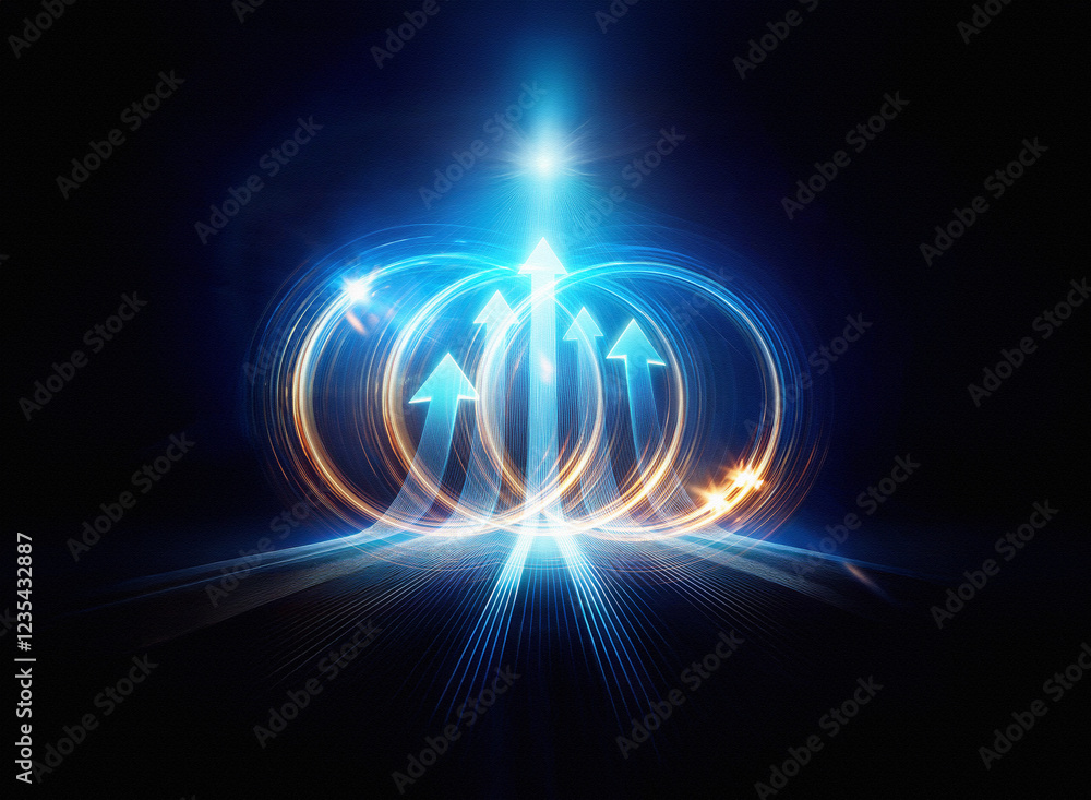Poster glowing blue arrows ascend within concentric circles, symbolizing upward trajectory, progress, and a