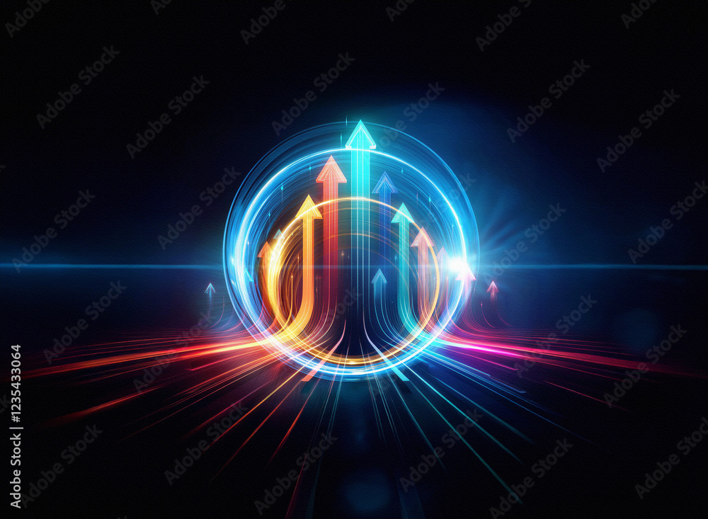 Poster Glowing arrows ascend within a vibrant circular energy field, symbolizing growth and progress on a futuristic horizon.
