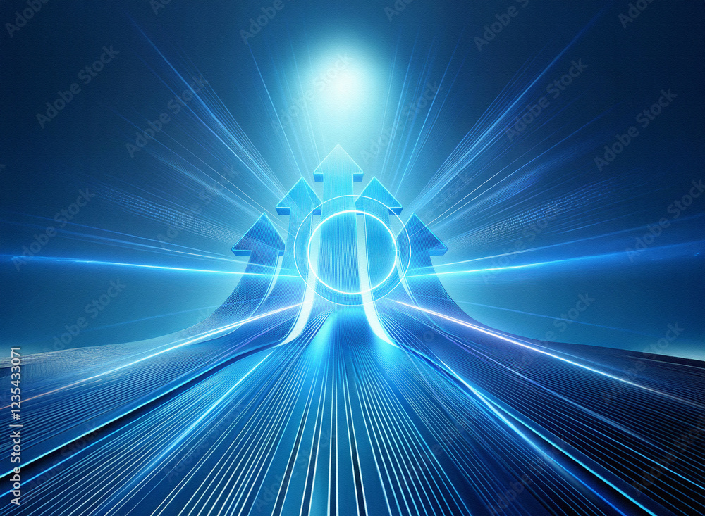 Poster abstract image depicting three luminous blue arrows converging towards a bright central light source