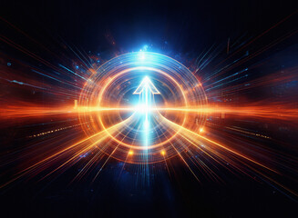 Obraz premium A luminous arrow ascends within a vibrant, circular energy field. Streaks of light radiate outwards, creating a dynamic, futuristic scene. The image evokes themes of progress and technological advan