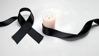 Black ribbon and lit candle on a white surface - a symbol of mourning, remembrance, and loss - suitable for memorial services and obituary media