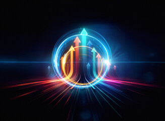 Naklejka premium Glowing arrows ascend within a vibrant circular energy field, symbolizing growth and progress on a futuristic horizon.