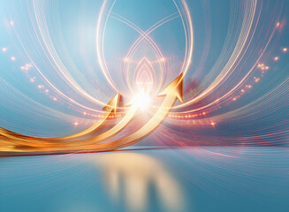 Obraz premium Golden arrows ascend, radiating light against a swirling, abstract blue and pink background. The scene evokes growth, progress, and positive energy.