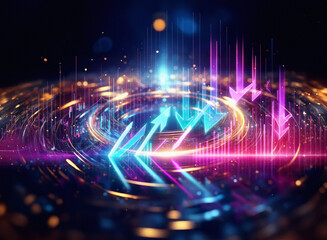 Obraz premium Abstract swirling energy with vibrant neon arrows pointing up and down, symbolizing market fluctuations or data flow. A dynamic visual representation of change and progress.
