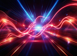 Fototapeta premium Abstract digital art depicting vibrant, glowing red and blue energy waves converging at a central point, creating a dynamic, futuristic tunnel effect. The artwork features bright lights and a sense o