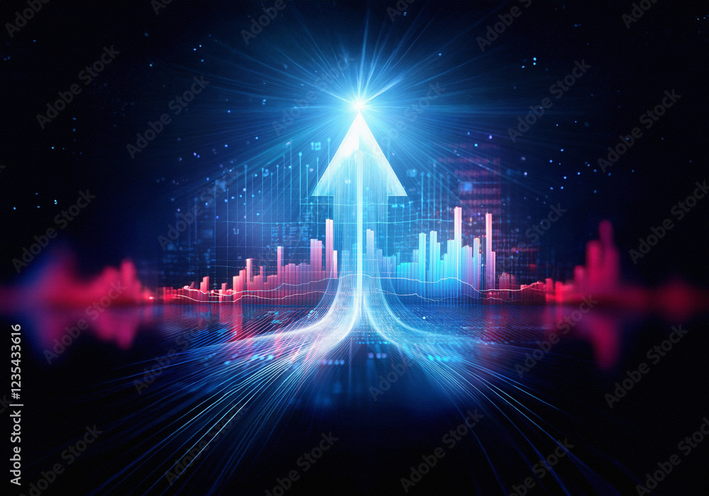 Aufkleber Abstract digital data visualization with glowing blue and red bars and lines on a dark background.