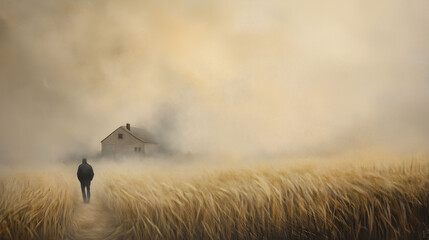 Quiet Rural Landscape Featuring a Man Walking Towards a Distant House Amidst Rolling Fields Under Misty Conditions. Generative AI