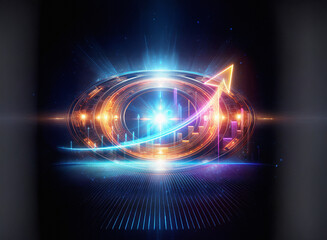 Obraz premium A futuristic, glowing orb displays vibrant upward trending graphs, symbolizing growth and technological advancement. The design incorporates metallic elements and a dynamic, energetic light show.