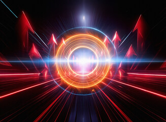 Obraz premium Abstract digital art depicting a glowing circular portal surrounded by red and orange light streaks and upward-pointing arrows, suggesting progress and ascension.