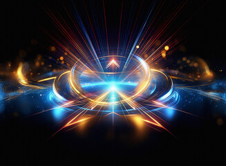 Intense light beams converge at a central point, creating a vibrant, swirling energy field with gold and blue hues against a dark background.  Sparkling particles add depth.