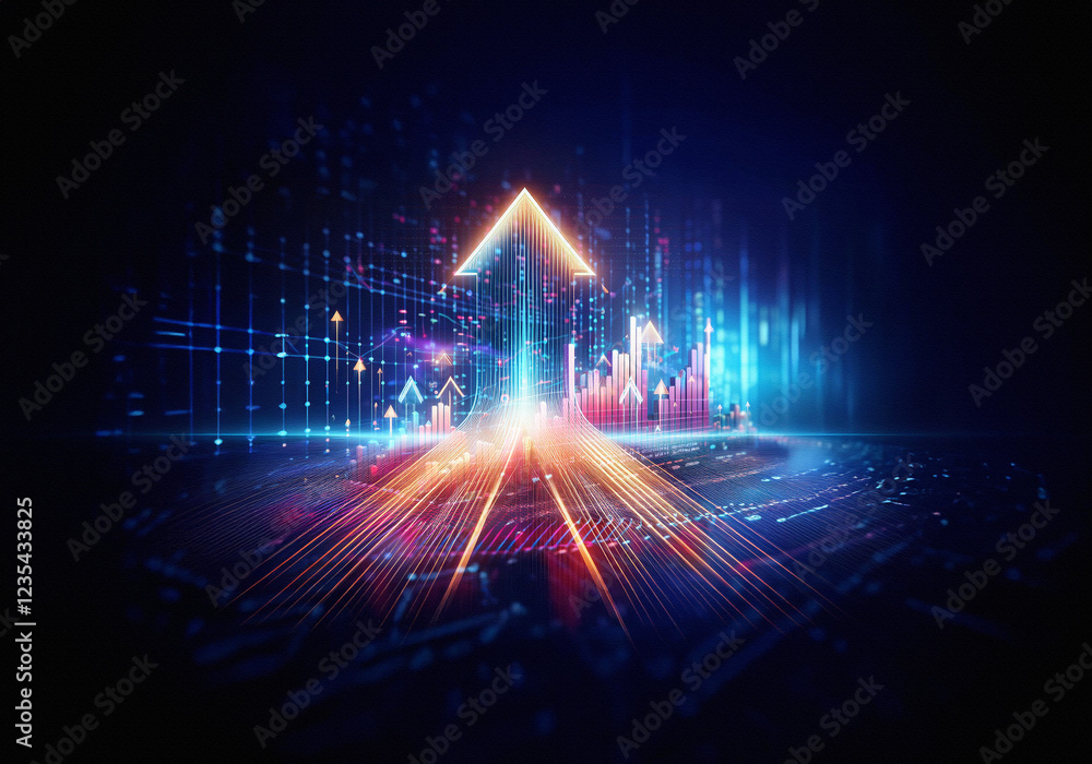 Poster a 3d rendering of a digital cityscape with glowing, red and blue bars.