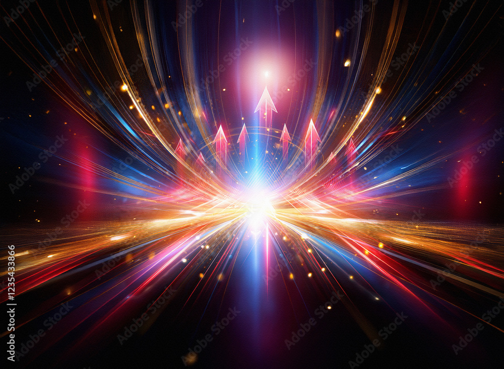 Poster vibrant streaks of light converge at a central point, creating a dynamic and energetic composition w