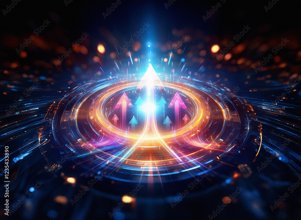 Poster abstract digital art depicting glowing arrows converging at a central point within a circular, techn