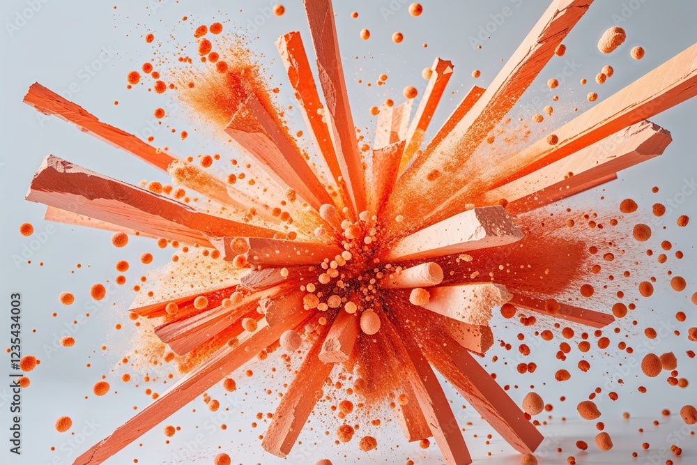 Poster vibrant orange chalk particles exploding in dynamic contrast with white background