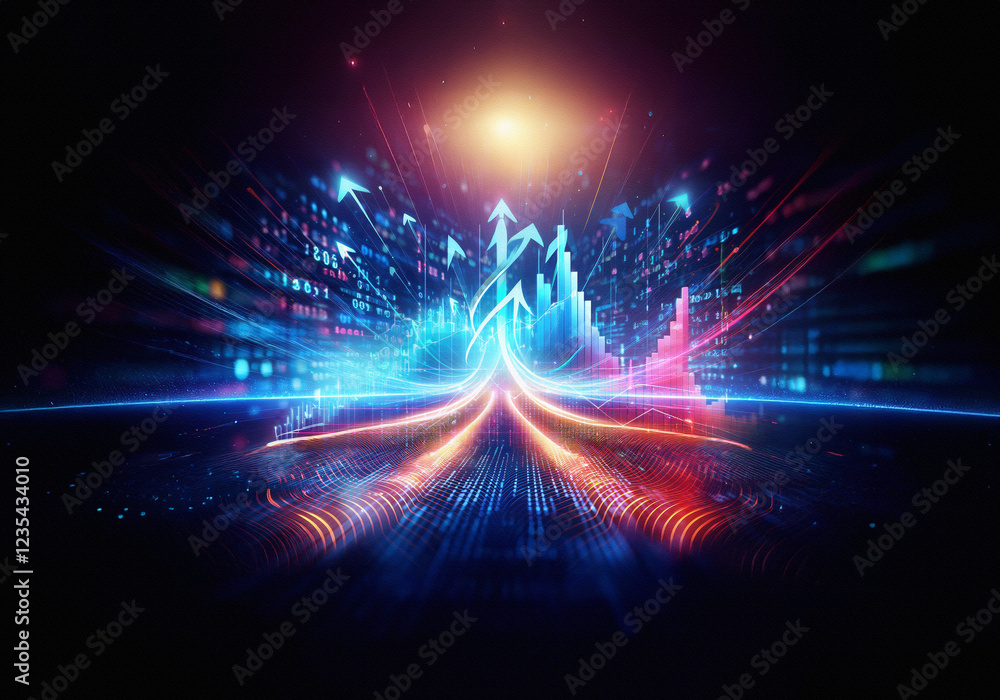 Poster abstract digital art depicting a futuristic cityscape with upward-trending arrows, symbolizing growt
