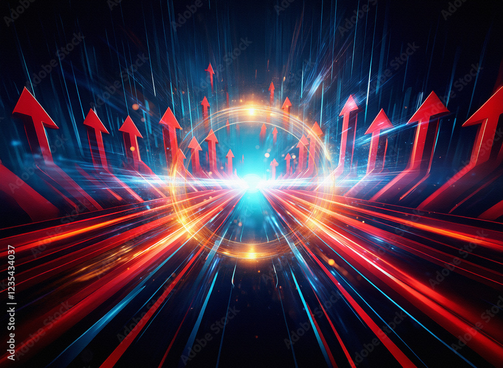 Poster Abstract digital art depicting a futuristic highway of light streaks and red arrows converging towards a glowing circular portal, symbolizing growth and progress.