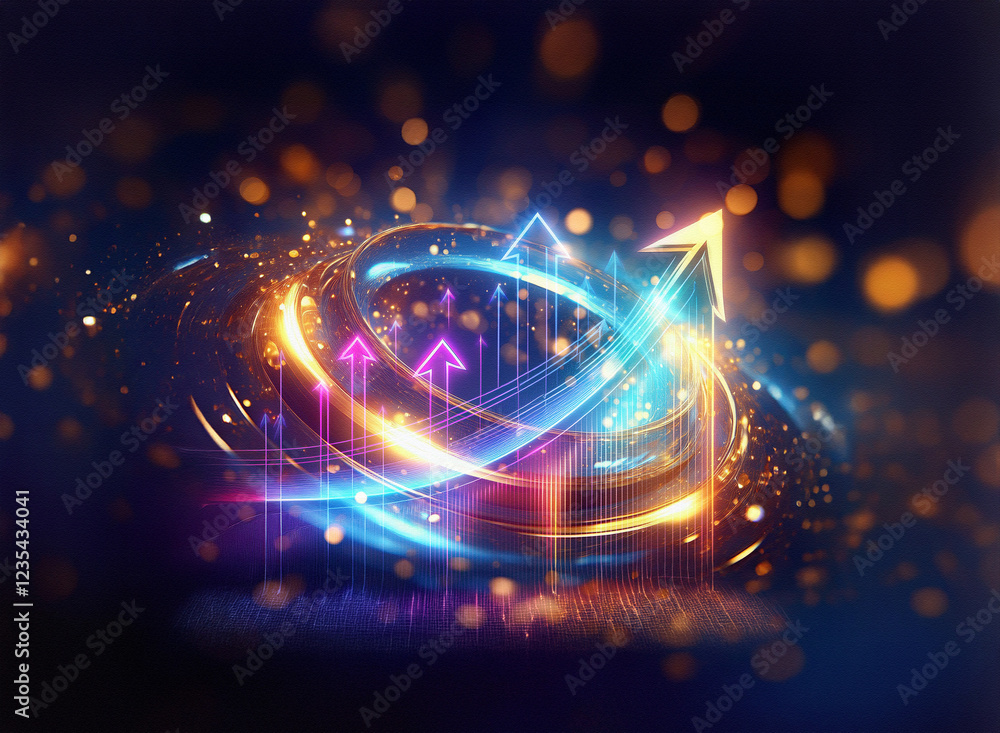 Poster abstract glowing rings and arrows ascend in a dynamic, futuristic display. the image evokes growth, 