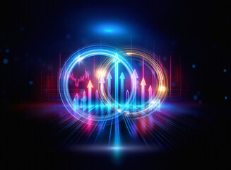 Obraz premium Glowing rings and upward arrows in vibrant colors symbolize growth and synergy within a digital, technological landscape. The image evokes a sense of progress and interconnectedness.