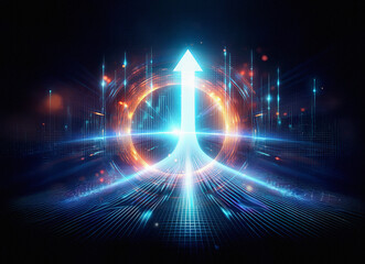 Obraz premium Glowing arrow ascends through a vibrant, futuristic digital portal. Energy pulses radiate outwards, creating a dynamic, otherworldly scene.