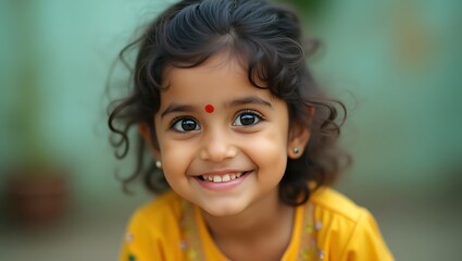 Captivating portrait of a darling Indian child with bright eyes, exuding joy and innocence - cultural expression - suitable for family oriented blogs, festive event promotion