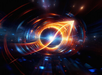 Obraz premium A fiery arrow pierces a swirling, luminous cosmic ring, radiating energy against a dark, starry backdrop. The vibrant colors and dynamic motion suggest intense power and celestial movement.