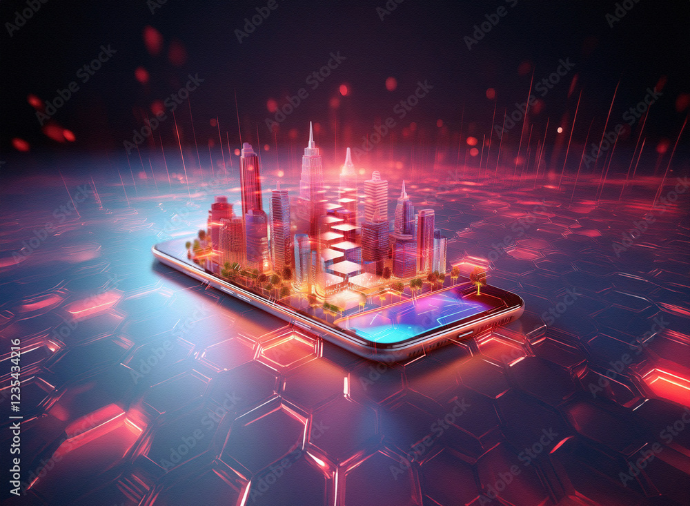 Aufkleber a futuristic cityscape, vibrant and glowing, rests on a smartphone, symbolizing mobile technology an