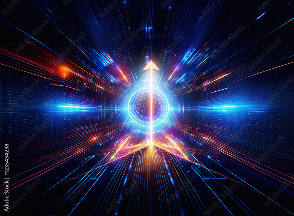 Aufkleber abstract digital art depicting a glowing arrow within a vibrant, symmetrical light tunnel. the color
