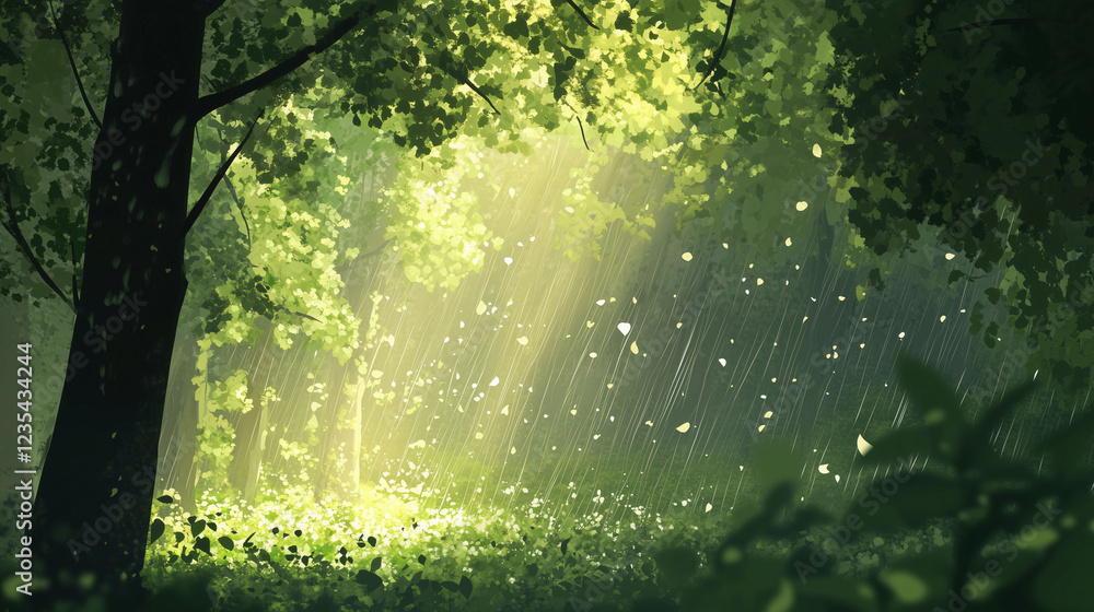 Aufkleber sunlight breaks through a tranquil forest canopy creating a serene atmosphere in the early morning l