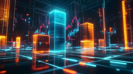 Neon Financial Data Visualization with Digital Graphs and Analytics in a Futuristic Cityscape - Abstract Technology Background for Finance and Business Concepts