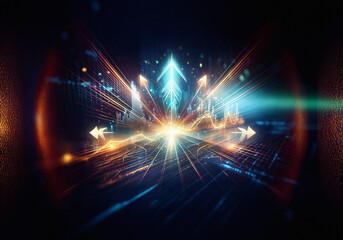 Obraz premium A glowing orange line graph rises amidst a sea of blue data points, suggesting growth and technological advancement.