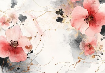A painting of a pink flower with gold accents
