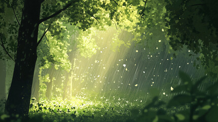 Obraz premium Sunlight Breaks Through a Tranquil Forest Canopy Creating a Serene Atmosphere in the Early Morning Light. Generative AI