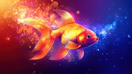 Golden fish swims, vibrant background, energy, fantasy art, website banner