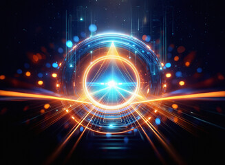 Obraz premium Abstract digital art depicting a glowing circular portal with vibrant orange and blue light streaks, creating a futuristic, technological scene. The central element is a bright, multifaceted core wit