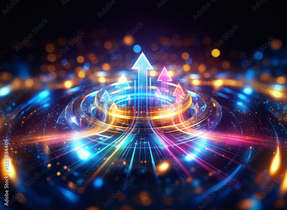 Aufkleber vibrant glowing arrows ascend within a futuristic, circular, technological interface. the scene puls