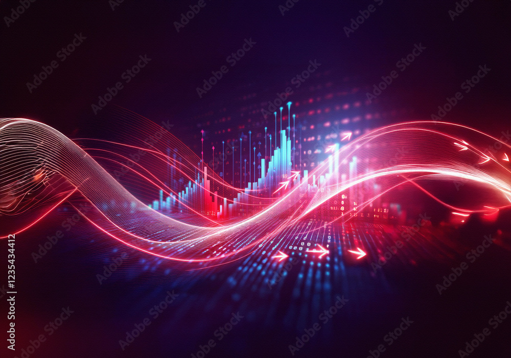 Leinwandbilder a glowing abstract visualization of a digital data chart with blue and red bars rising into the air,