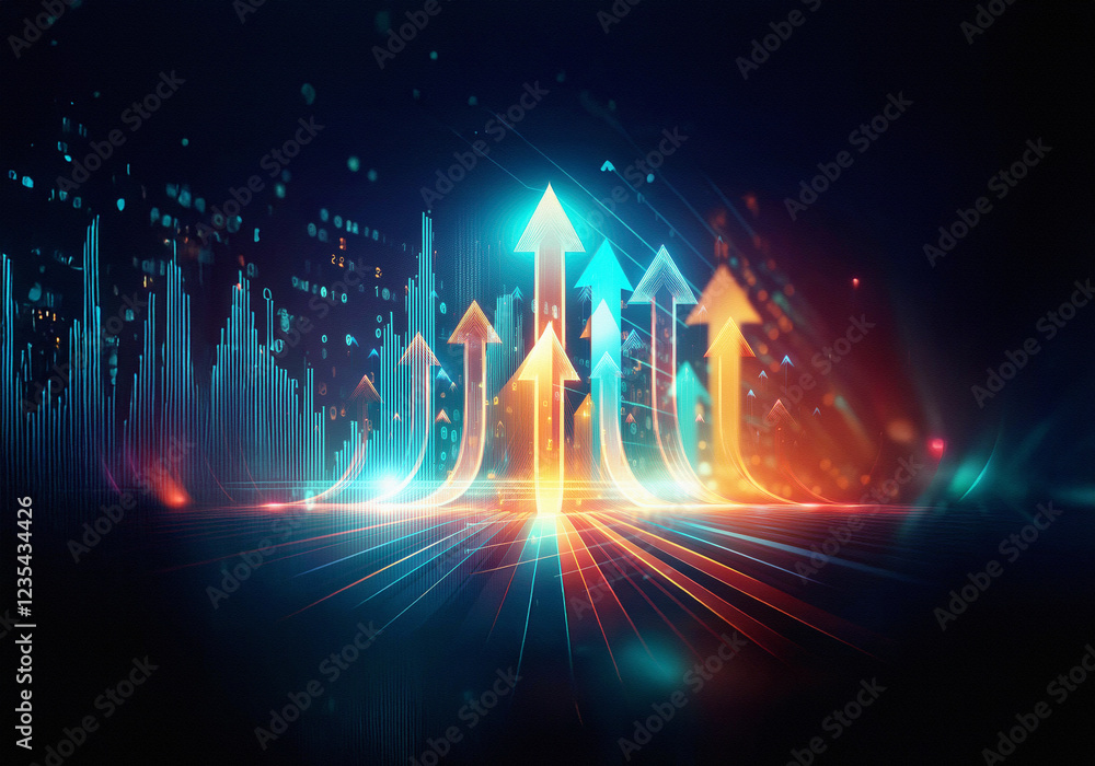 Poster a glowing digital background with abstract blue and orange lines, a bright light, and two arrows poi