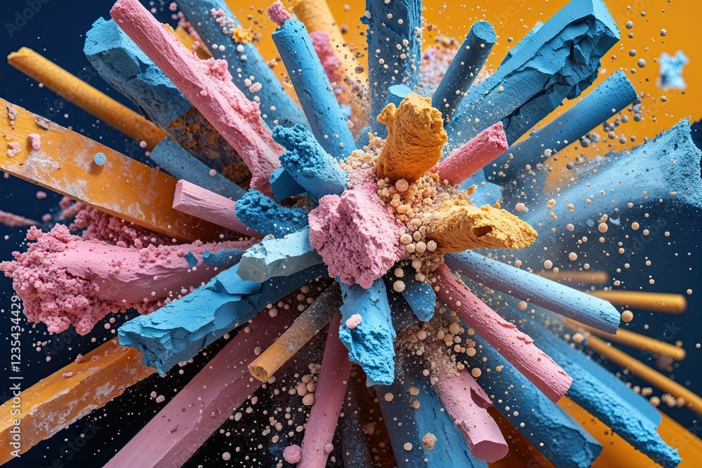 Poster dynamic burst of colorful chalk dust and fine particles on a striking background