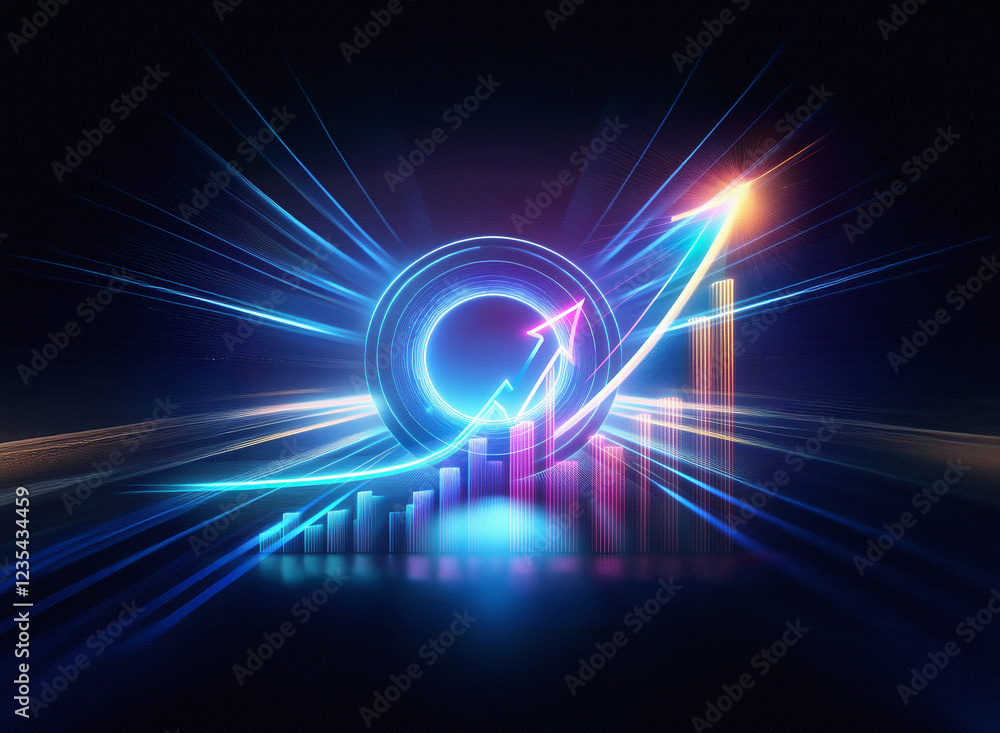 Poster Abstract digital art depicting upward trending graphs and arrows within a glowing circular frame, set against a dark, fast-motion background.  The image conveys growth, progress, and speed.
