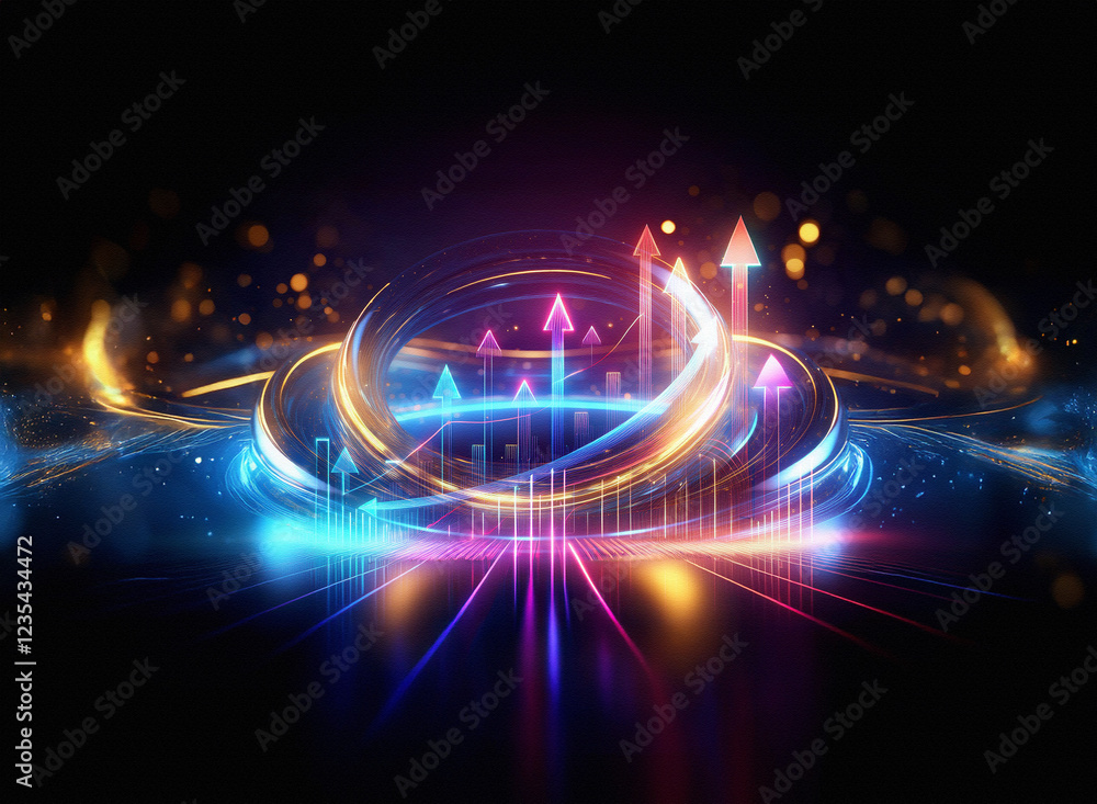 Poster Abstract glowing circular design with upward trending arrows, showcasing growth and progress in a futuristic, technological style.  The image evokes a sense of dynamism and success.