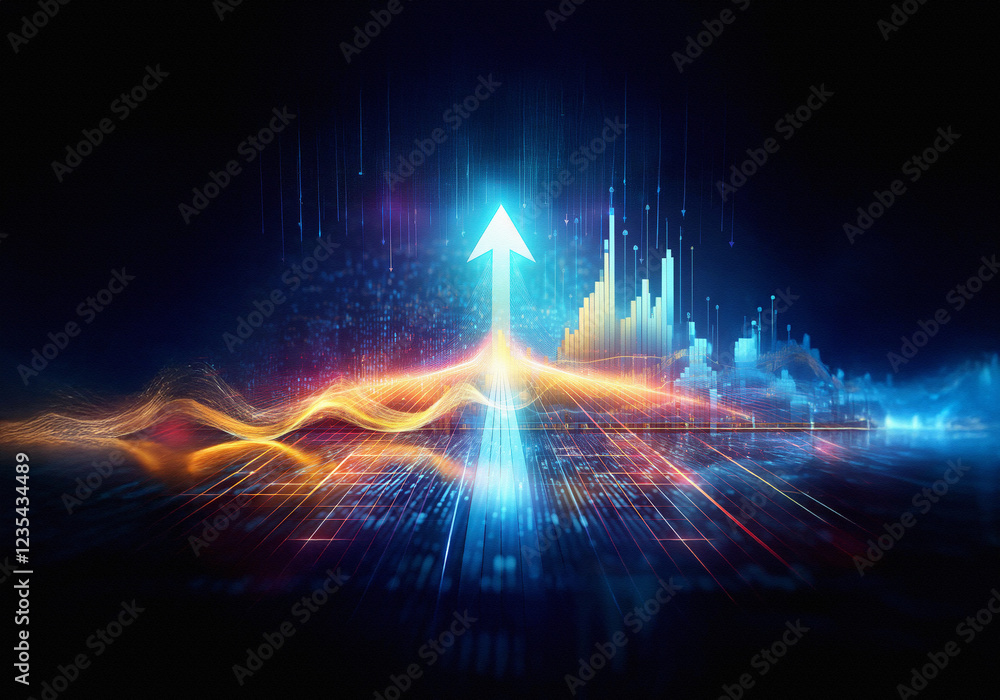 Poster a luminous arrow ascends from a vibrant, data-driven landscape, symbolizing growth and technological